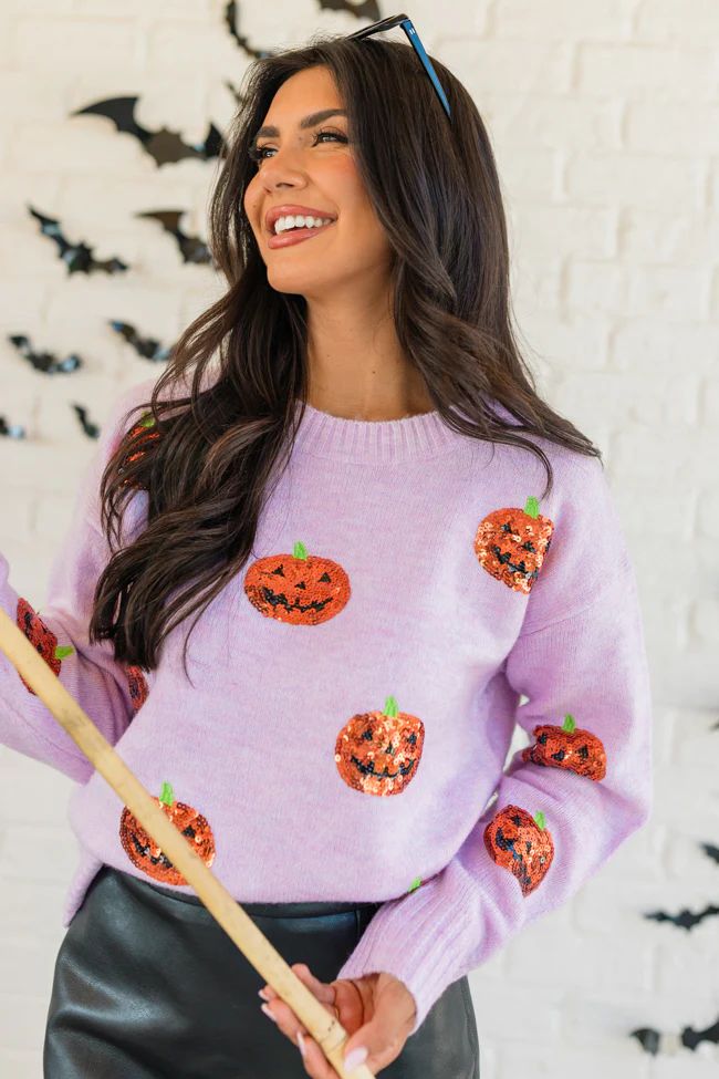 Haunt Mess Purple Sequin Pumpkin Crew Neck Sweater | Pink Lily