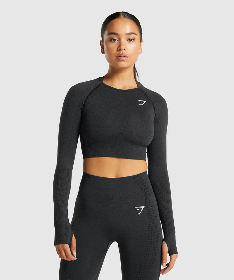 Gymshark Vital Seamless 2.0 Long Sleeve Crop Top - Black Marl | Gymshark CA