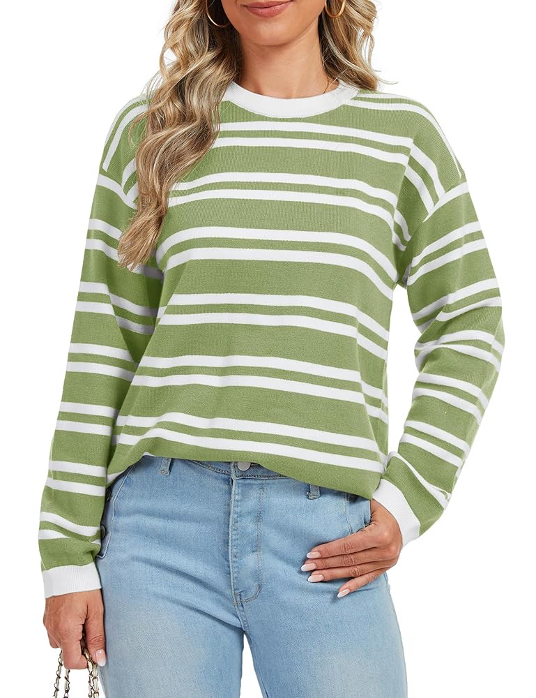 YUCOLEN Fall Sweaters for Women Casual Striped Long Sleeve Crewneck Pullover 2025 Soft Knit Loose... | Amazon (US)