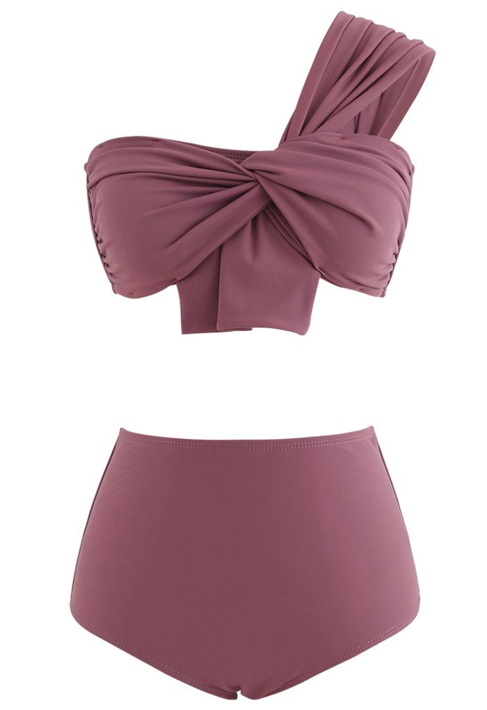 Sweet Knot One-Shoulder Bikini Set in Rust Red | Chicwish