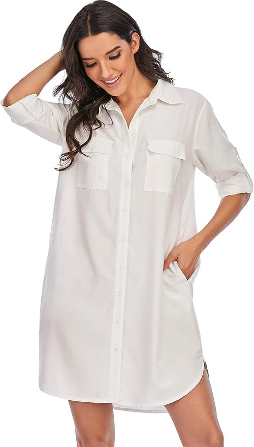 MANAIXUAN Women's Shirt Dress V Neck Long Sleeve Loose Casual with Pockets Front Button | Amazon (US)