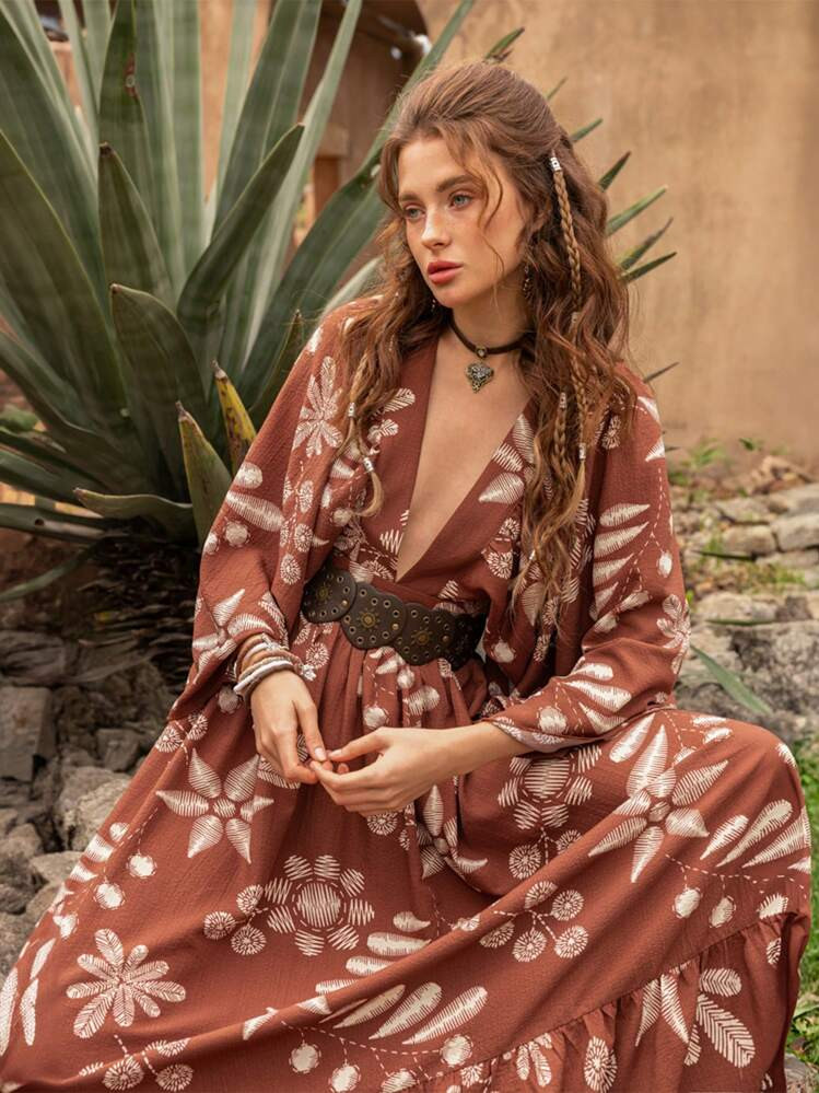 Faeriesty Vestido casual de estilo bohemio para vacaciones, estampado floral, corte holgado y c\u... | SHEIN