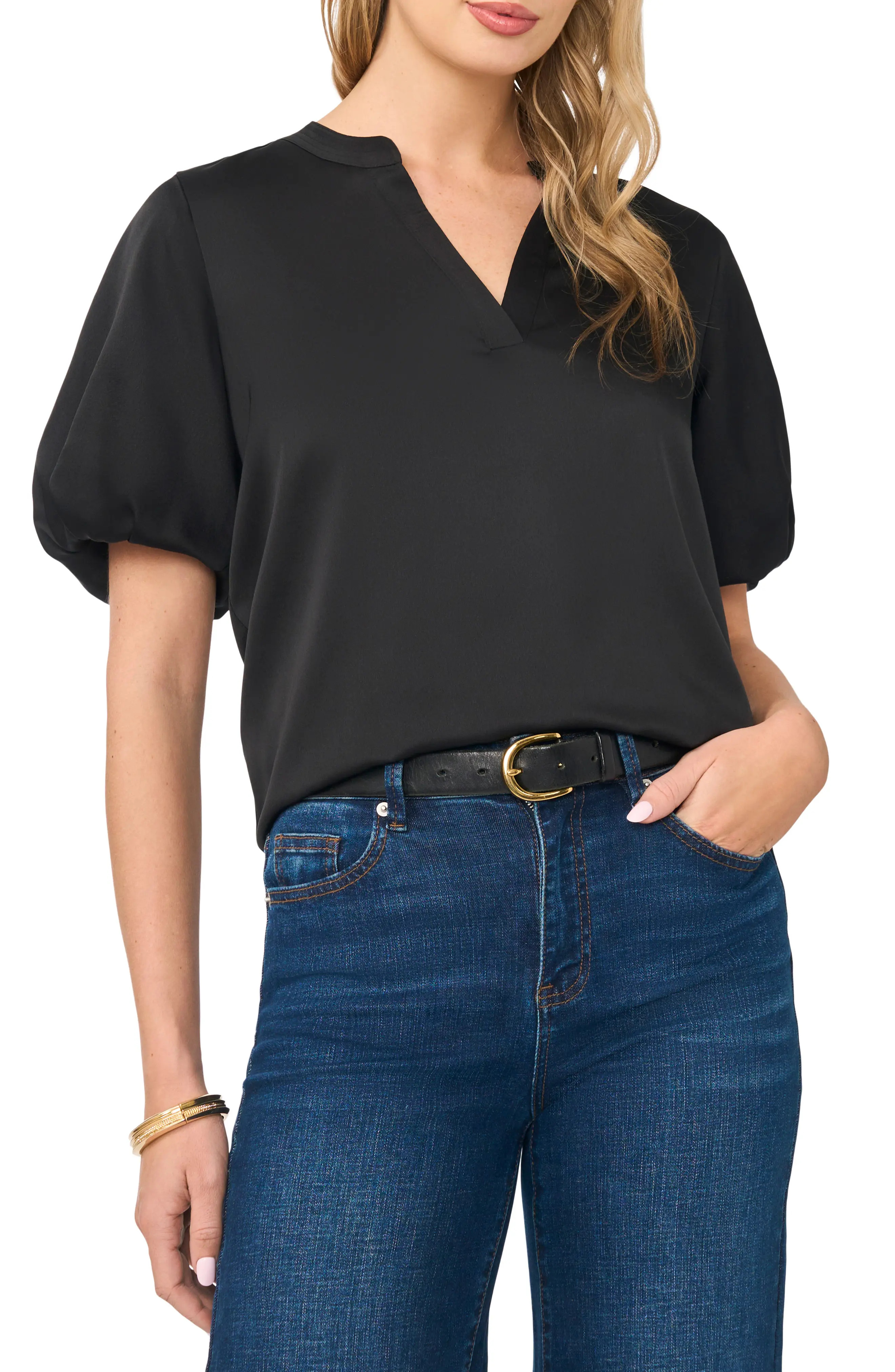 Vince Camuto Puff Sleeve Satin Top in Forest Night at Nordstrom, Size Xx-Large | Nordstrom