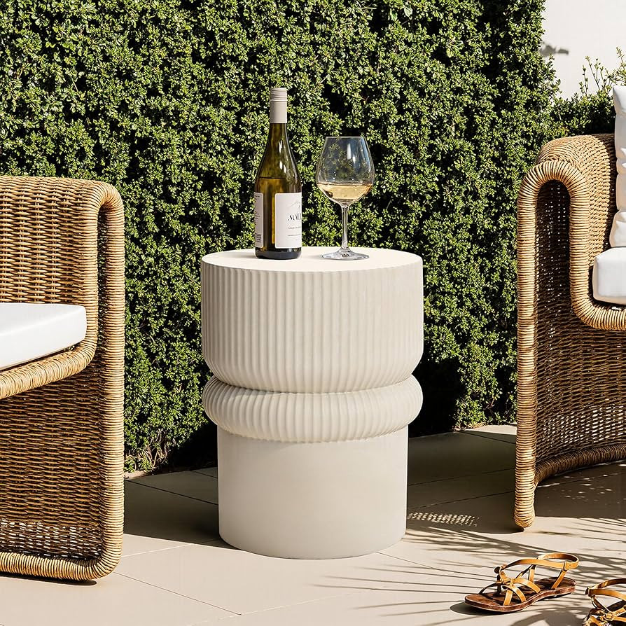 LuxenHome 18" Fluted Outdoor Side Table, Beige Modern Round Side Tables, Sculptural Small Accent ... | Amazon (US)