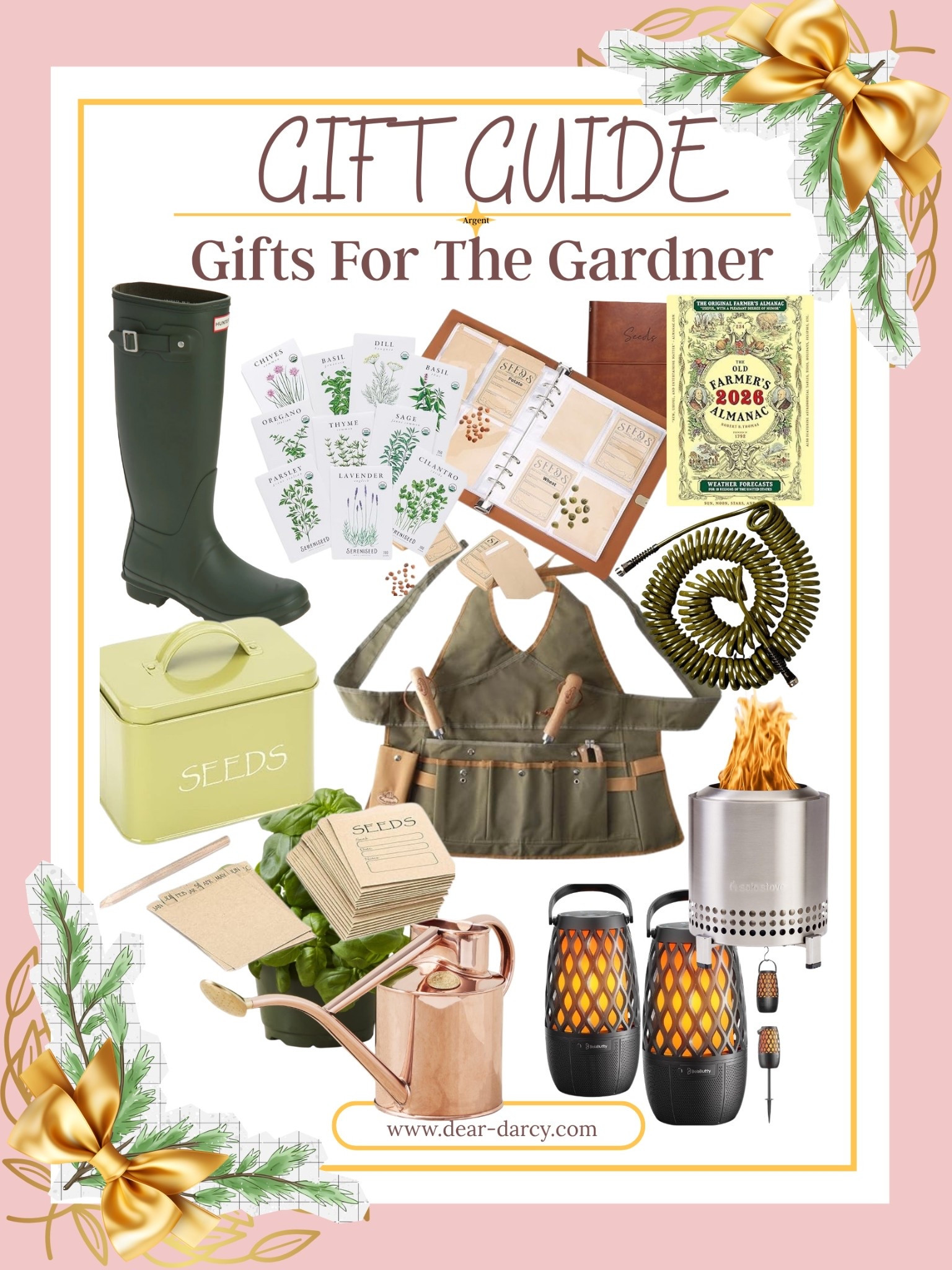 Gifts for the Gardner

Hunter Tall Green Boots|

Sereniseed Certified Organic Herb Seeds (10-Pack) – Non-GMO, Heirloom |

Upgraded Outdoor Bluetooth Speaker with lights | 

Seed organizer binder| 

Seed storage Box| 

Gardening apron unisex|

Farmers Almanac book|

Wood burning pit |

Haws Indoor Watering Can|

Professional Series Coil Garden Hose |

#LTKGiftGuide #LTKHome #LTKCyberWeek