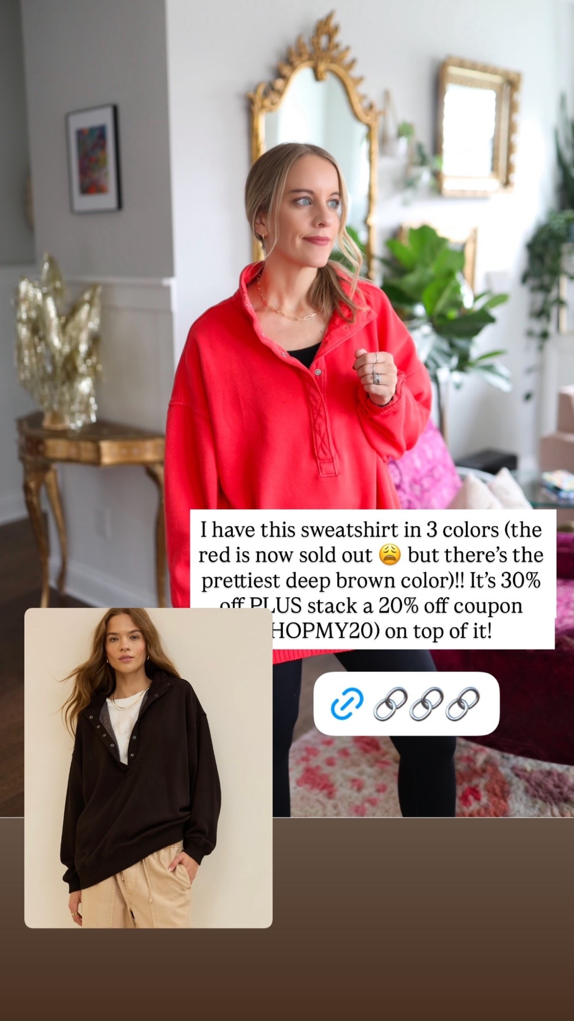 I have this sweatshirt in 3 colors (the red is now sold out 😩 but there’s the prettiest deep brown color)!! It’s 30% off PLUS stack a 20% off coupon (SHOPMY20) on top of it!
