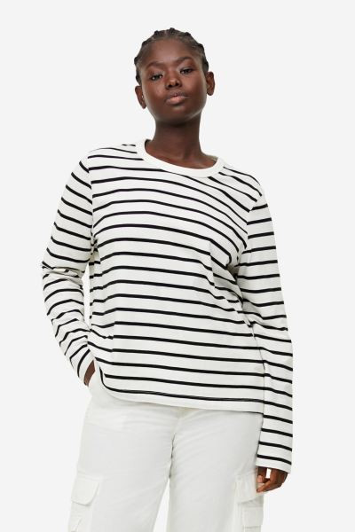 Cotton jersey top - Light khaki green/Striped - Ladies | H&M GB | H&M (UK, MY, IN, SG, PH, TW, HK)