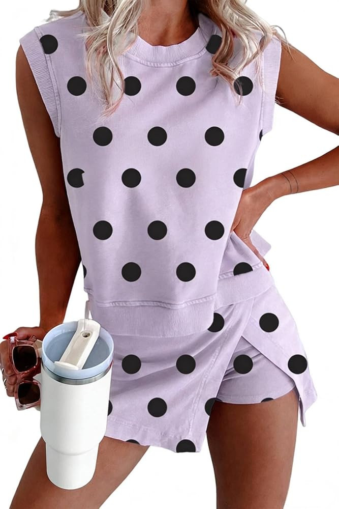 KevaMolly Womens Lounge Sets Ribbed Trim Polka Dot Print Tank Split Mini Skort 2pcs Set Sleeveles... | Amazon (US)