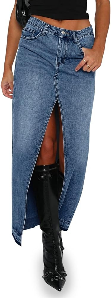 Fisoew Women's Long Denim Maxi Skirts High Waisted Frayed Hem Western Split Jean Skirt Streetwear | Amazon (US)