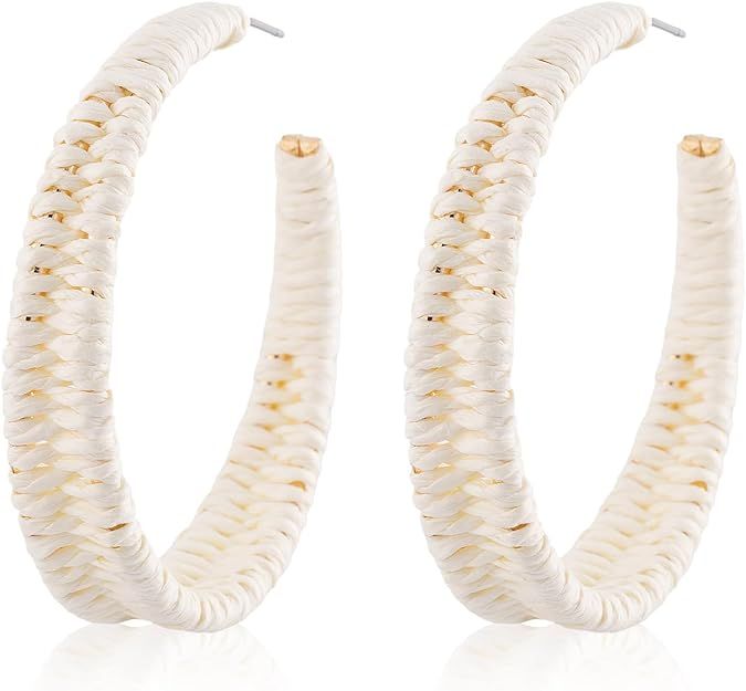 SELOVO Boho Raffia Rattan Chunky Drop Open Hoop Earrings for Women | Amazon (US)