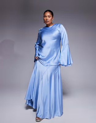 ASOS DESIGN Curve long sleeve satin maxi dress with full skirt and godet in soft blue | ASOS (Global)