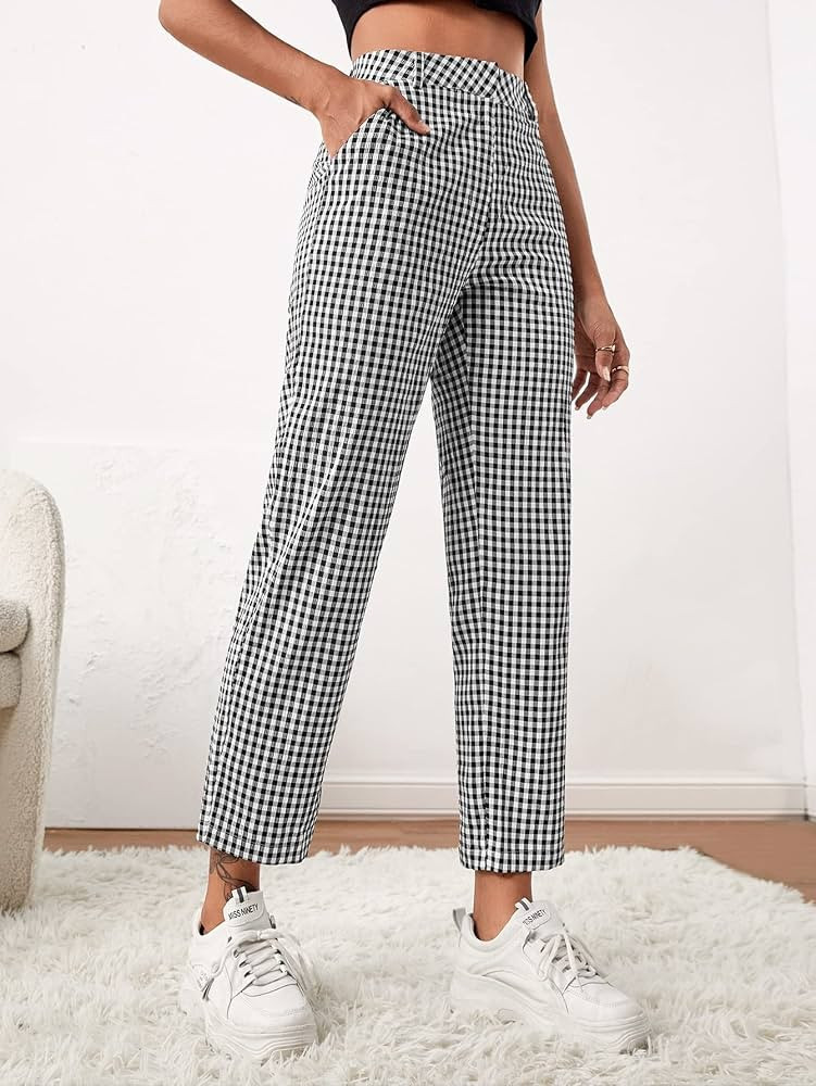 Women's Jeans Pant for Women Jeans for Women Gingham Print Slant Pocket Straight Leg Pants (Color... | Amazon (US)
