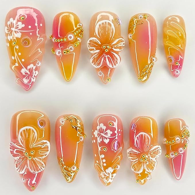 24Pcs Flower Press on Nails Medium Almond Acrylic False Nails with 3D Designs Gold Pearl Rhinesto... | Amazon (US)