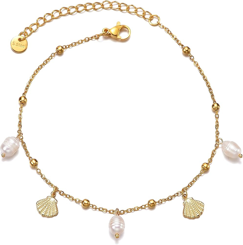 Dainty Gold Shell Pearl Charm Ankle Bracelet for Women Trendy non-Tarnish Adjustable Anklet Summe... | Amazon (US)