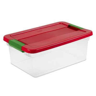 Sterilite 15qt Latching Clear Storage Box Red Lid and Green Latch | Target