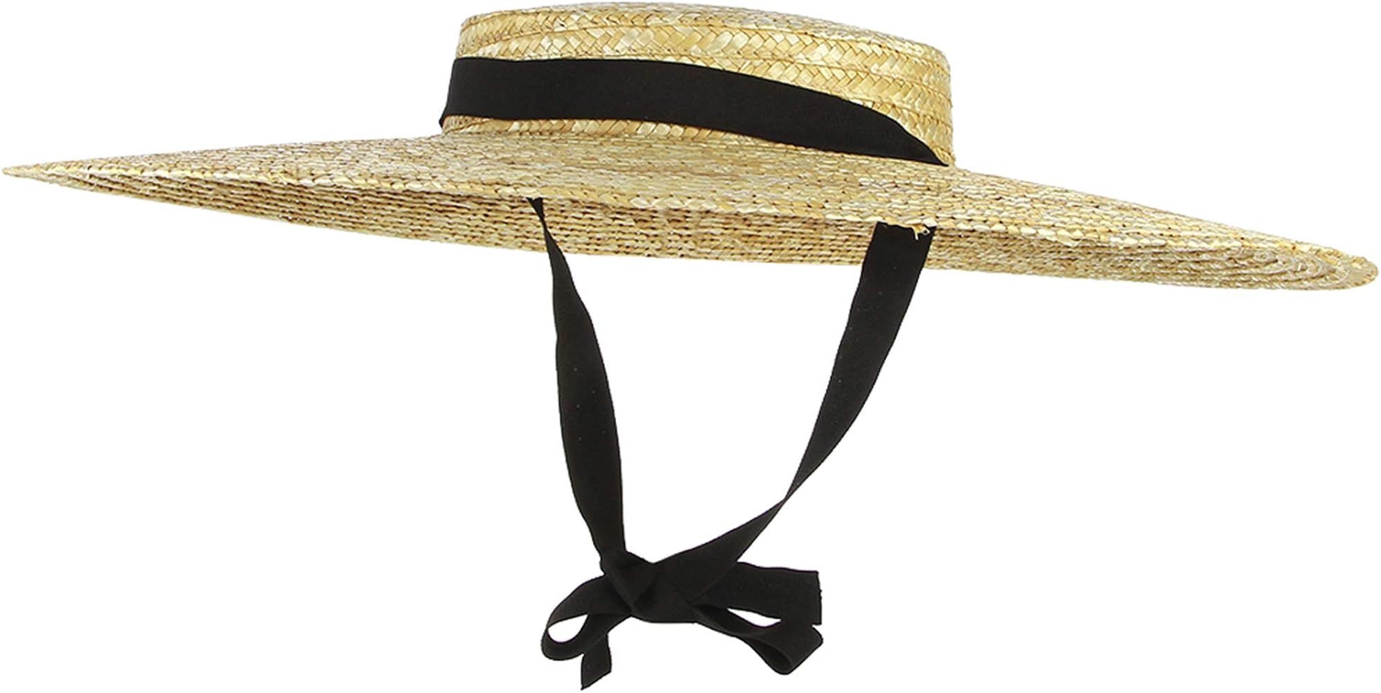 Jelord Women Vintage Boater Straw Hat Wide Brim Flat Top Floppy Derby Straw Hat Beach Sun Hats with  | Amazon (US)