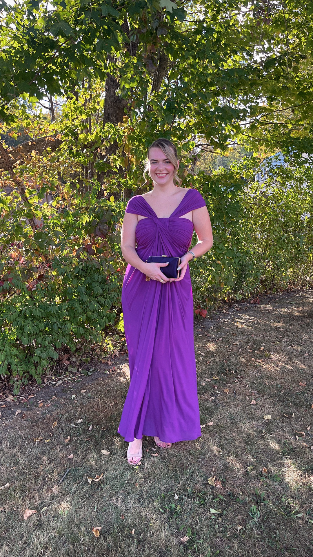Purple wedding guest dresses. DSW nude sandals. This is the strapless bra I wear with everything! Fall wedding guest, fall style, fall wedding. 

#LTKStyleTip #LTKFindsUnder50 #LTKFindsUnder100