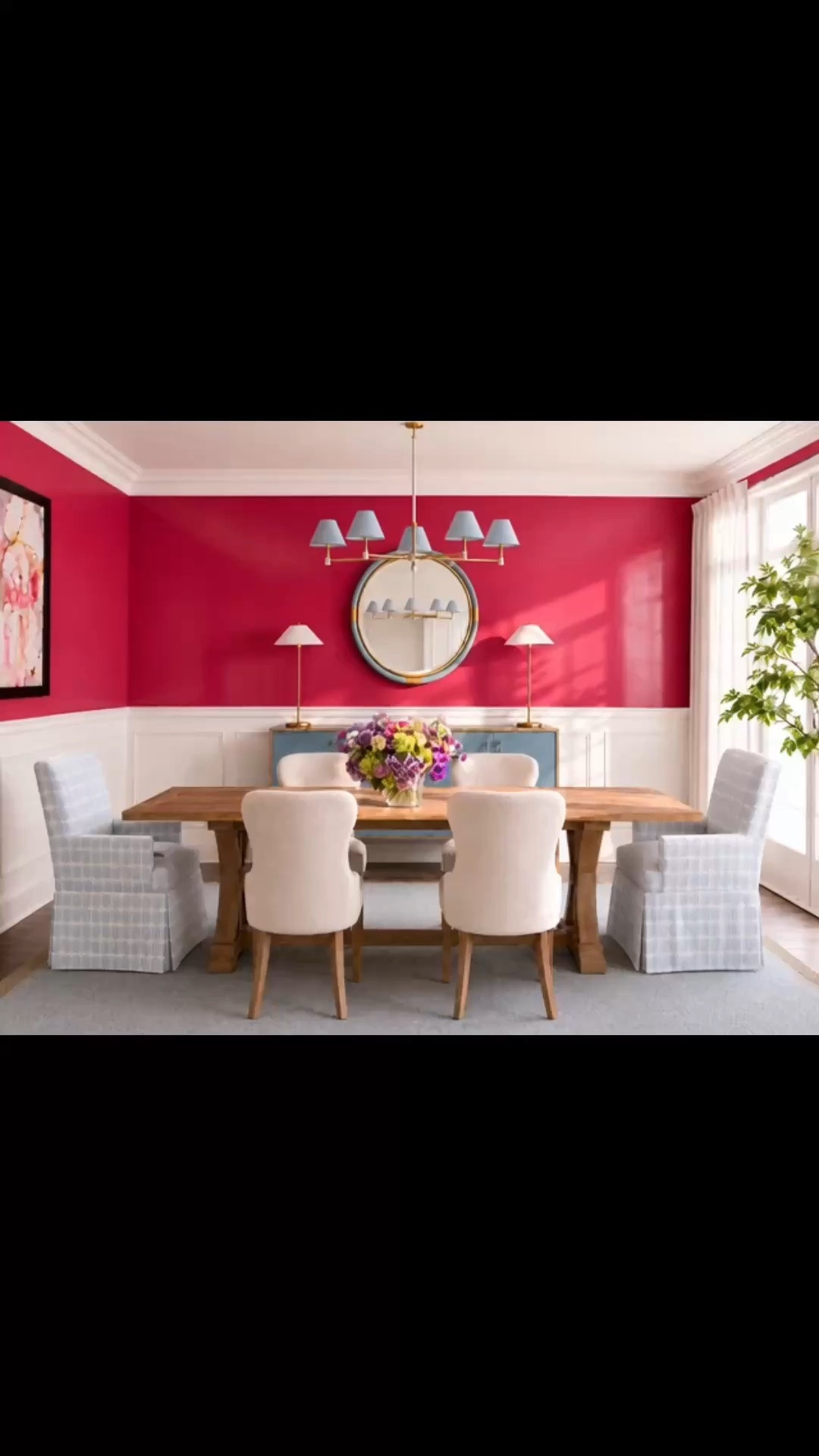 Coastal chic takes on a more expressive mood with a punch of August magenta. The glossy Lake Red walls bring cheerful energy to the room, beautifully balanced by soft coastal blues, warm natural wood, and relaxed texture.

A modern farmhouse dining table anchors the space, while upholstered dining chairs—including the tailored skirted chairs—add softness and polish. The hand-knotted rug brings subtle pattern underfoot, and the chandelier gives the room a refined modern-classic finish. Sheer drapes soften the sunlight, while purple, blue, and green florals pull the entire palette together.

Colorful, coastal, polished, and made for late-summer dining. ✨

Serena & Lily Dining Event — up to 25% off tonight.

#CoastalChic #DiningRoomDesign #LakeRed #Magenta #AugustColor #ModernFarmhouse #DiningTable #DiningChair #SkirtedDiningChair #UpholsteredDiningChair #HandKnottedRug #Chandelier #SheerDrapes #ColorfulInteriors #ModernClassic #DiningRoomInspiration #SerenaAndLily #LTKHome #LTKSaleAlert

#LTKdayinmylife #LTKHome #LTKSaleAlert