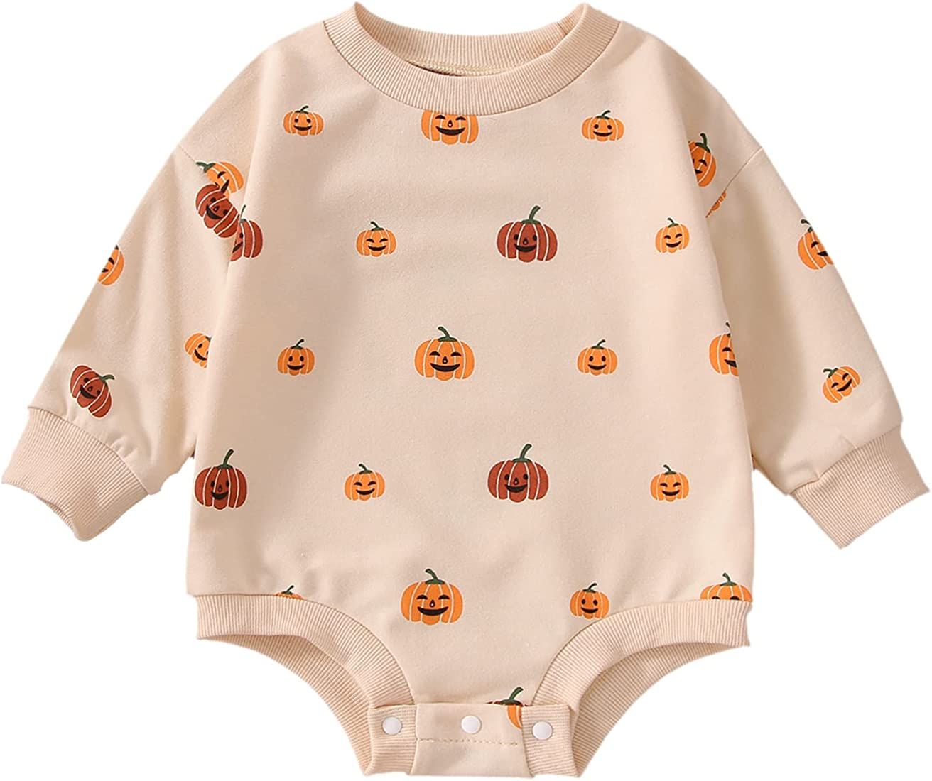 Halloween Baby Girl Boy Clothes Pumpkin Romper Sweatshirt Onesie Long Sleeve Bodysuit Top Fall Winte | Amazon (US)