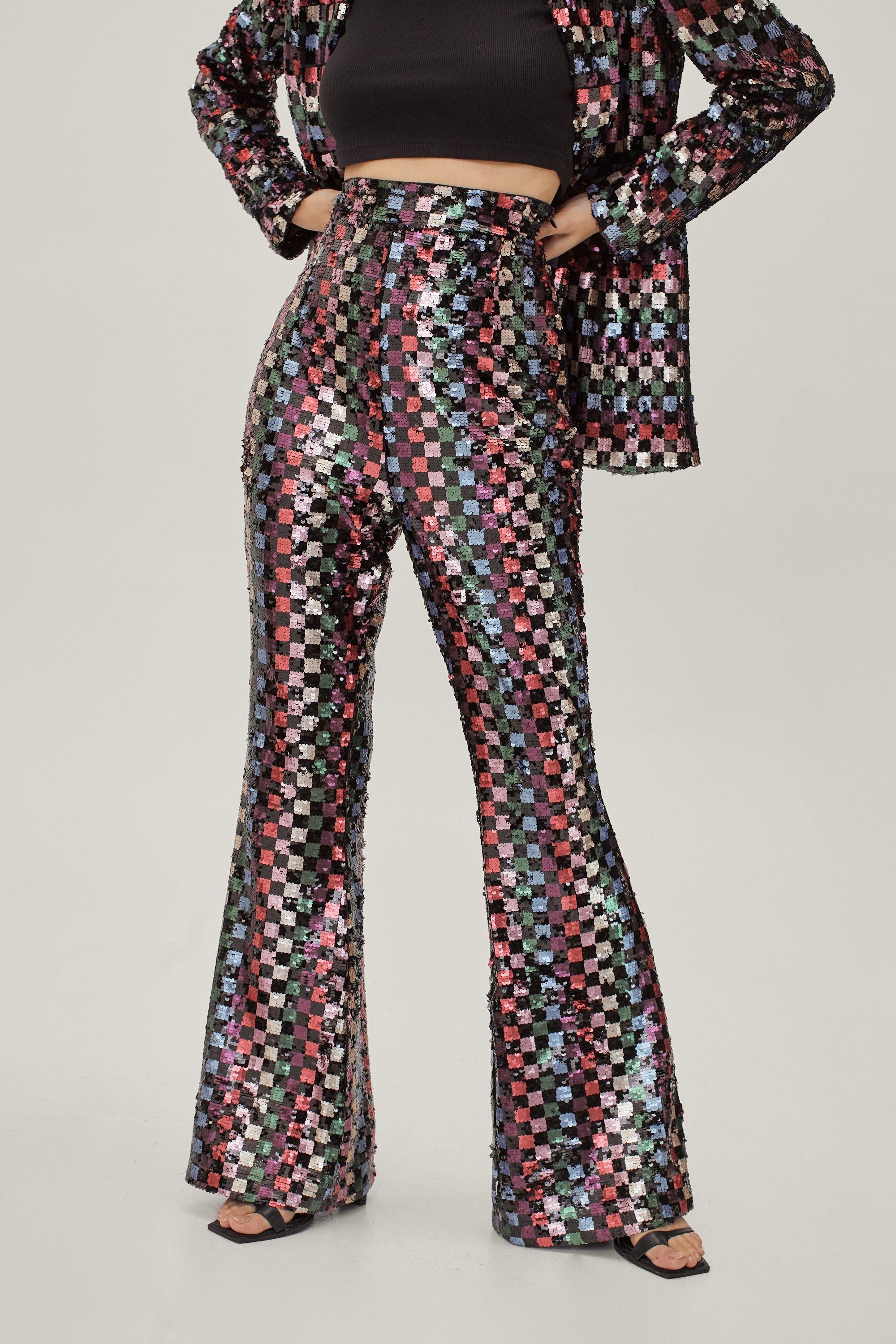 Checkerboard Sequin High Waisted Sequin Flare Pants | Nasty Gal (US)