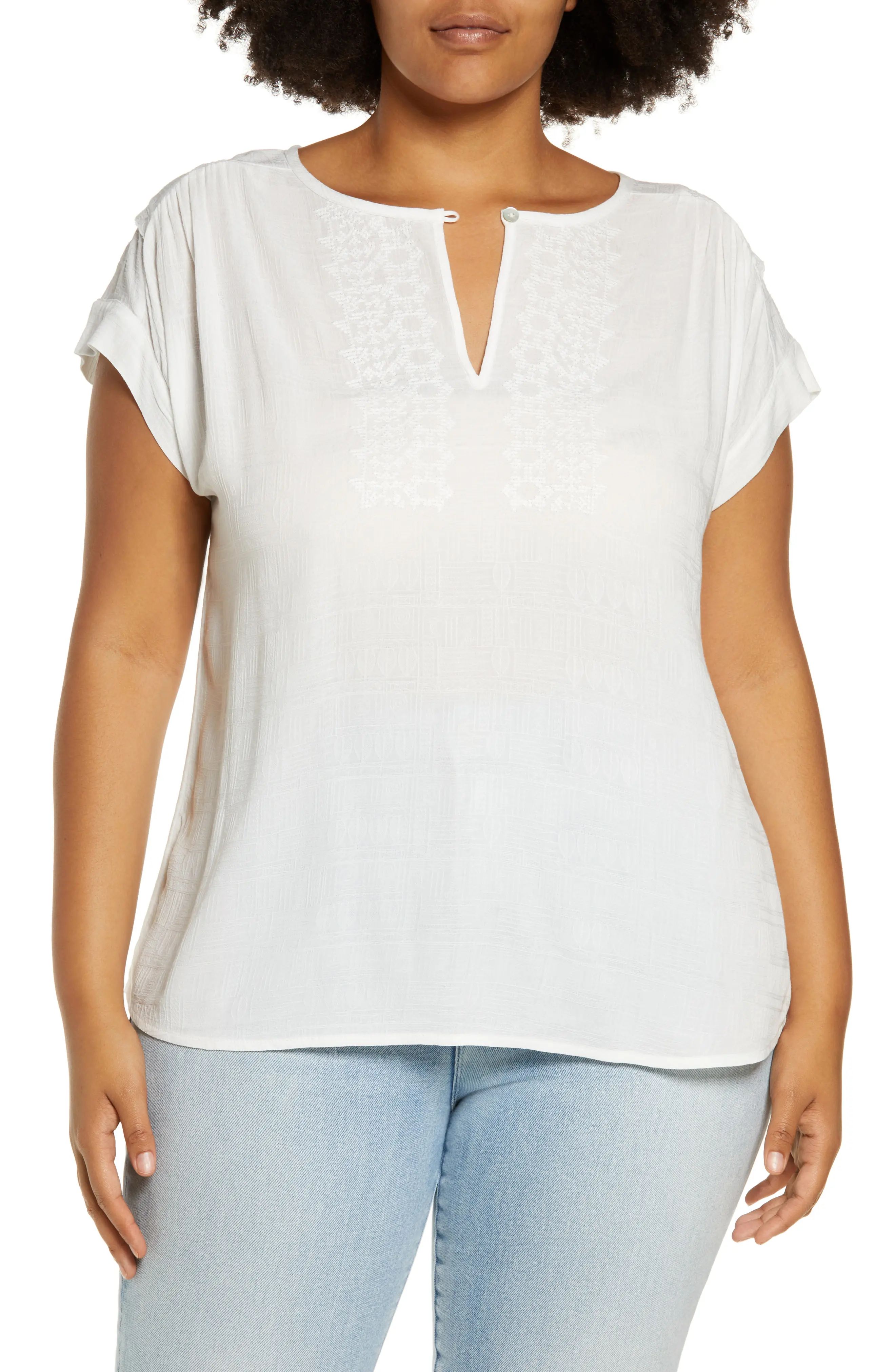 Wit & Wisdom Embroidered Split Neck Top in Off White at Nordstrom, Size 1X | Nordstrom