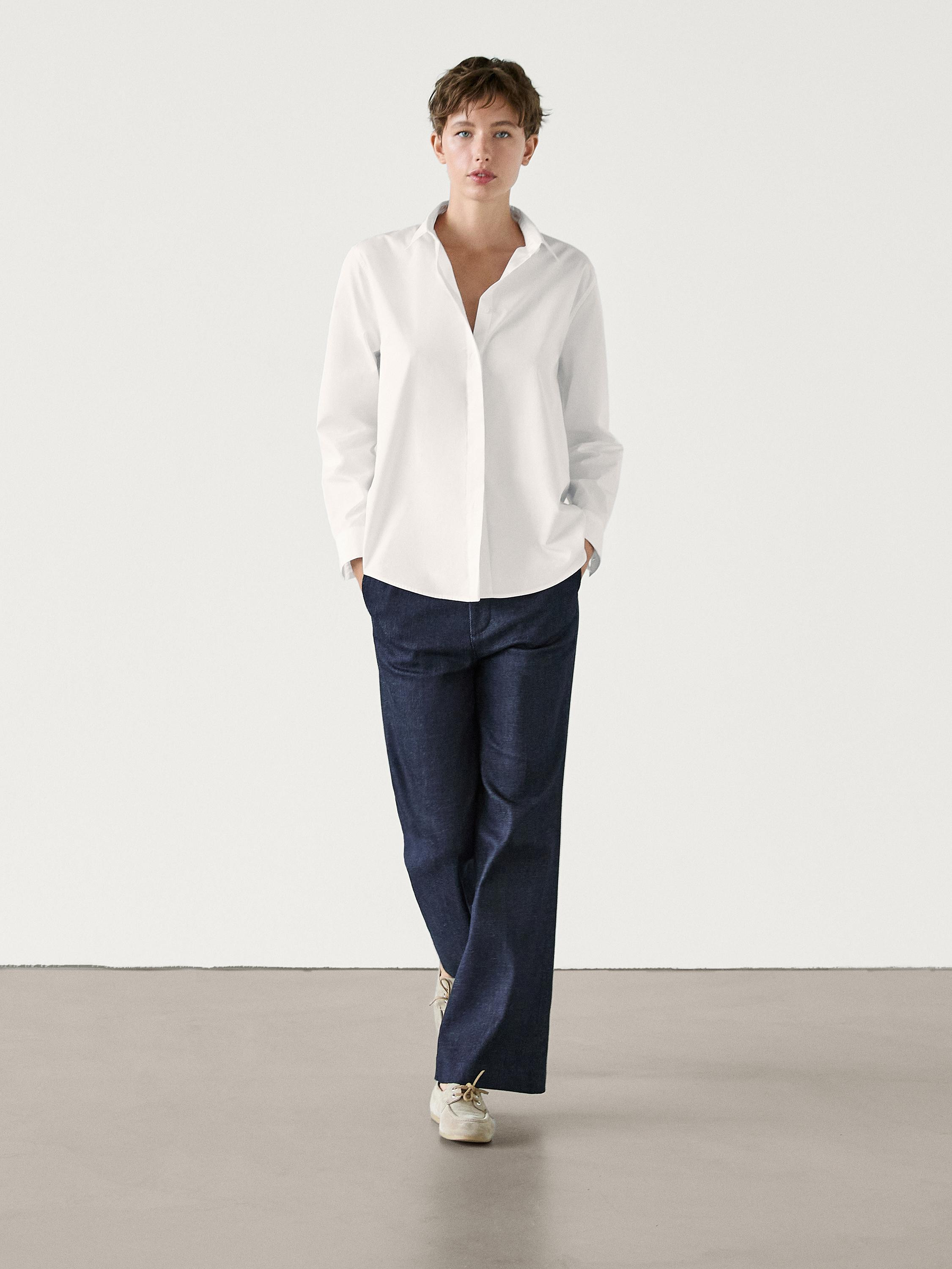 Cotton poplin shirt with hidden buttons | Massimo Dutti US