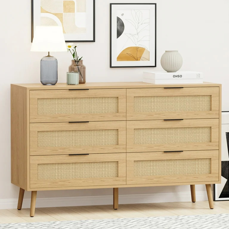 REHOOPEX Natural Rattan Dresser for Bedroom with 6 Drawer, Sturdy Wood Dressers & Chests for Home | Walmart (US)