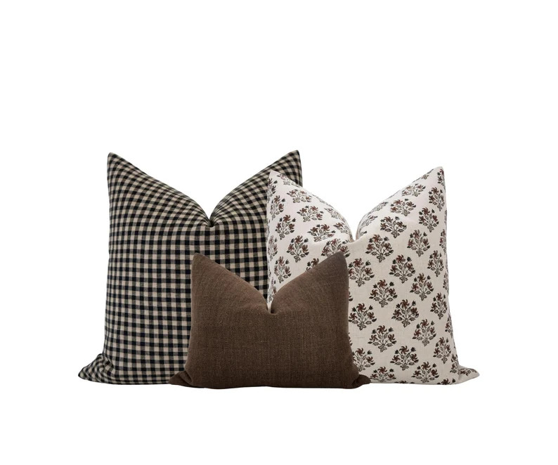 Moody Pillow Cover Combo Brown Pillow Cover Combo Gingham Pillow Set Block Print Pillow Combo Far... | Etsy (US)