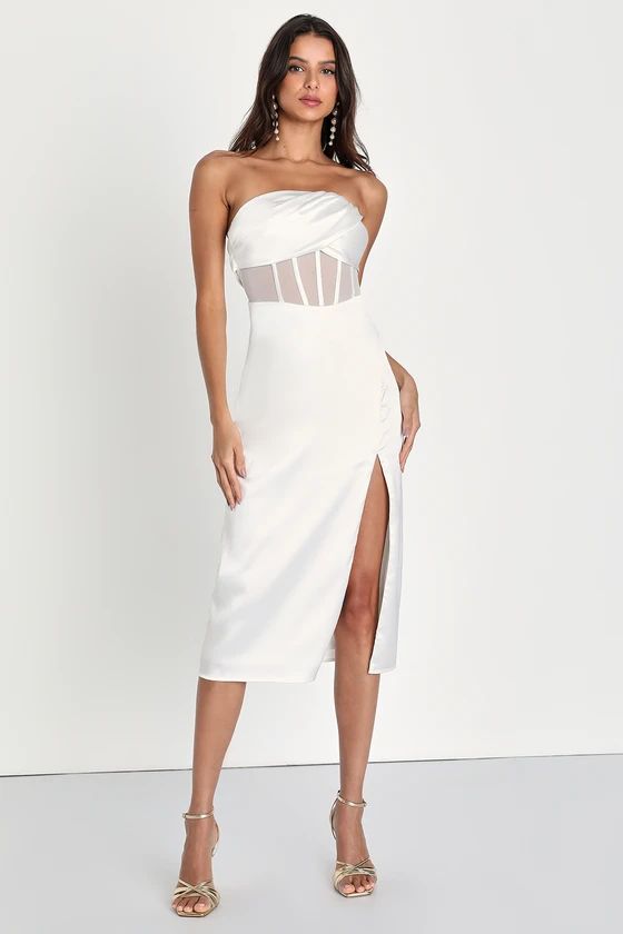 High-Class Hottie White Satin Strapless Bustier Midi Dress | Lulus (US)