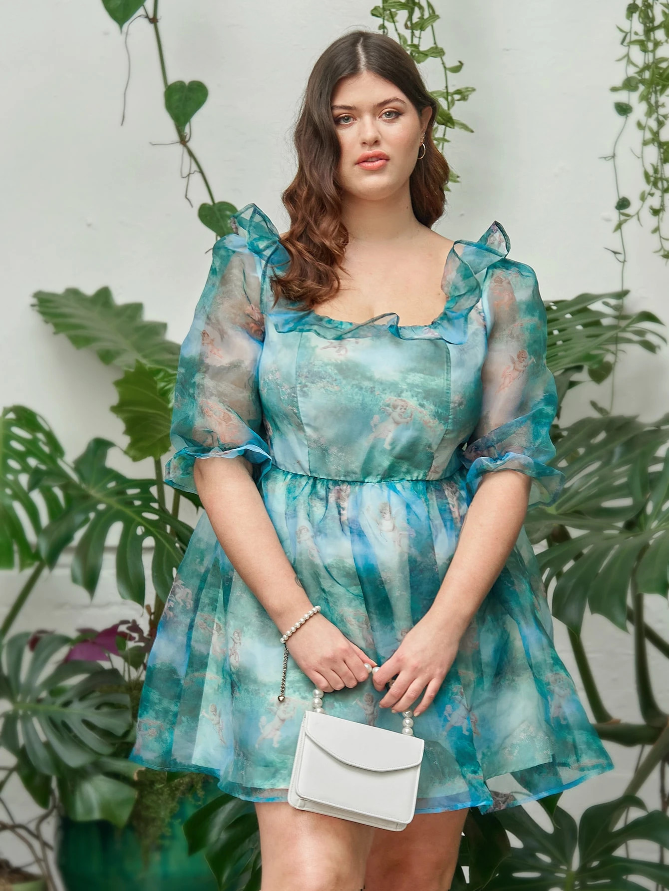 SHEIN Plus Angel Print Ruffle Trim Organza Overlay Dress | SHEIN