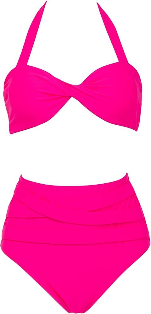 Peddney Women High Waisted Bathing Suit Twist Bikini Ruched Tummy Control Two Pieces Swimsuit | Amazon (US)