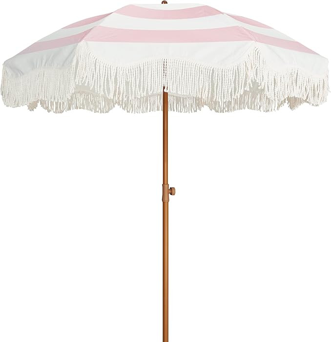 AMMSUN Boho Fringe Umbrella Outdoor Patio, 6.5ft UPF50+ Picnic Umbrella with Tassels with Steel P... | Amazon (US)