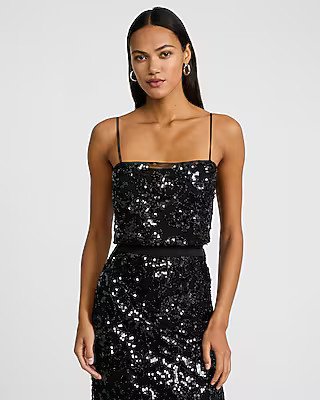 Printed Sequin Square Neck Sleeveless Bodysuit | Express