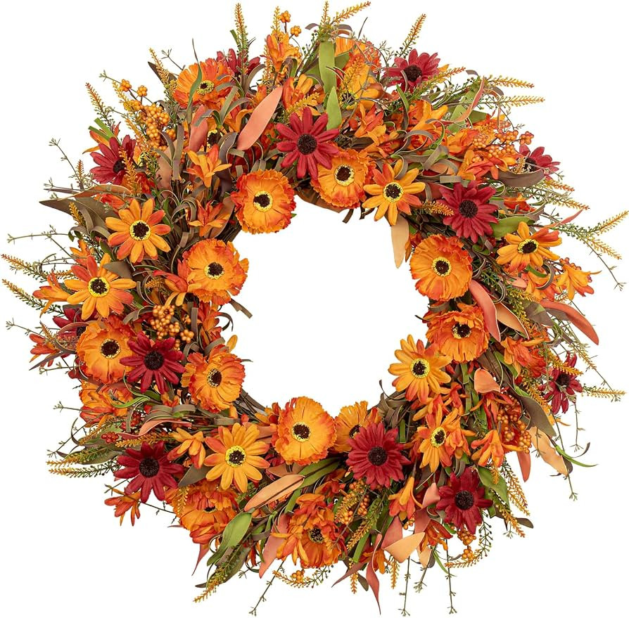 J'FLORU Artificial Fall Wreath 22 Inch Autumn Wreaths for Front Door Orange Daisy Wreath with Wil... | Amazon (US)