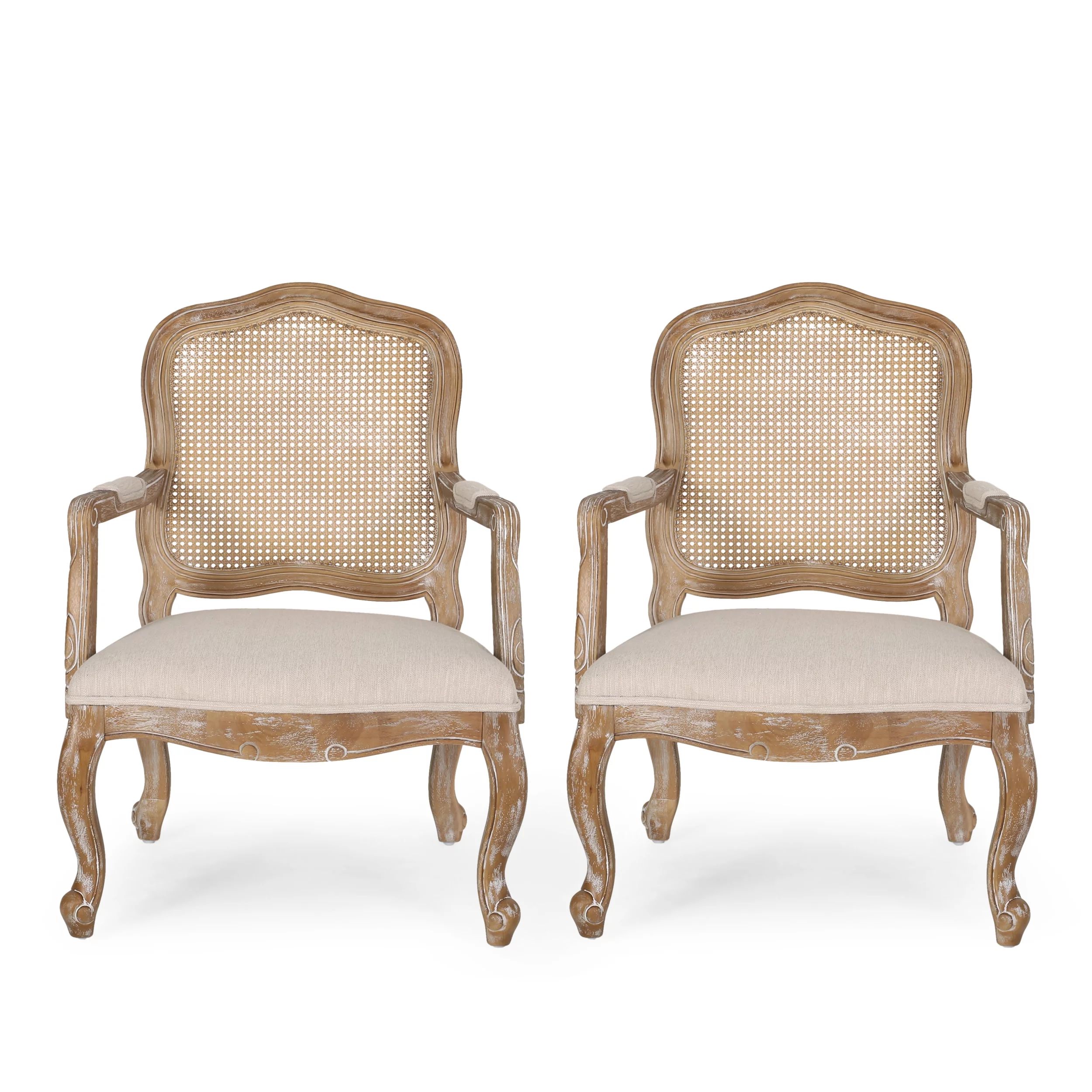 GDF Studio Biorn French Country Fabric Upholstered Wood and Cane Dining Armchairs, Set of 2, Beig... | Walmart (US)