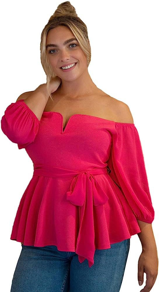 Floerns Women's Plus Size Off The Shoulder Belted Peplum Blouse Top | Amazon (US)