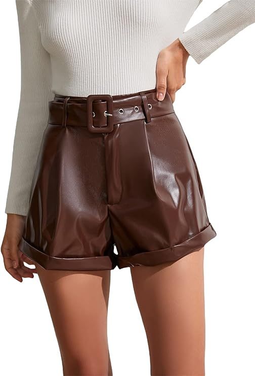 MakeMeChic Women's Faux Leather High Waist Flap Pocket Roll Hem PU Leather Shorts | Amazon (US)