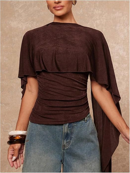 OYOANGLE Women's Asymmetrical Going Out Tops Summer Cinched Waist Blouse | Amazon (US)