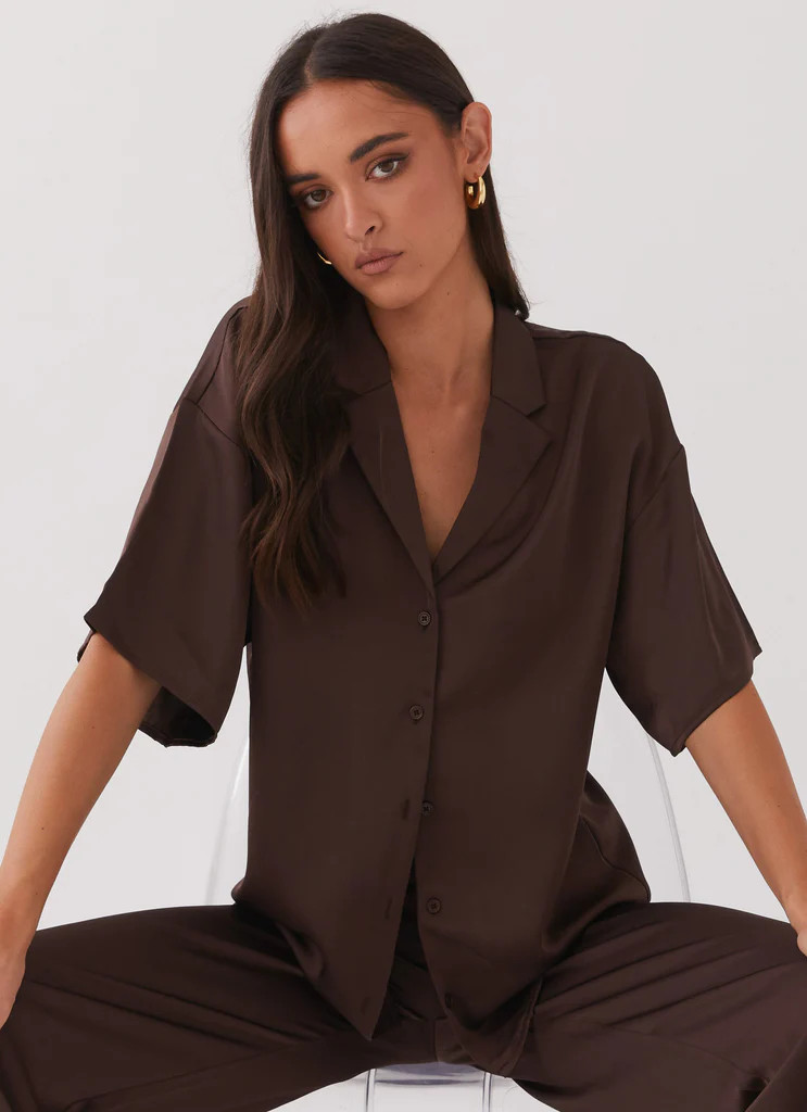 Palm Cove Satin Shirt - Chocolate | Peppermayo (Global)