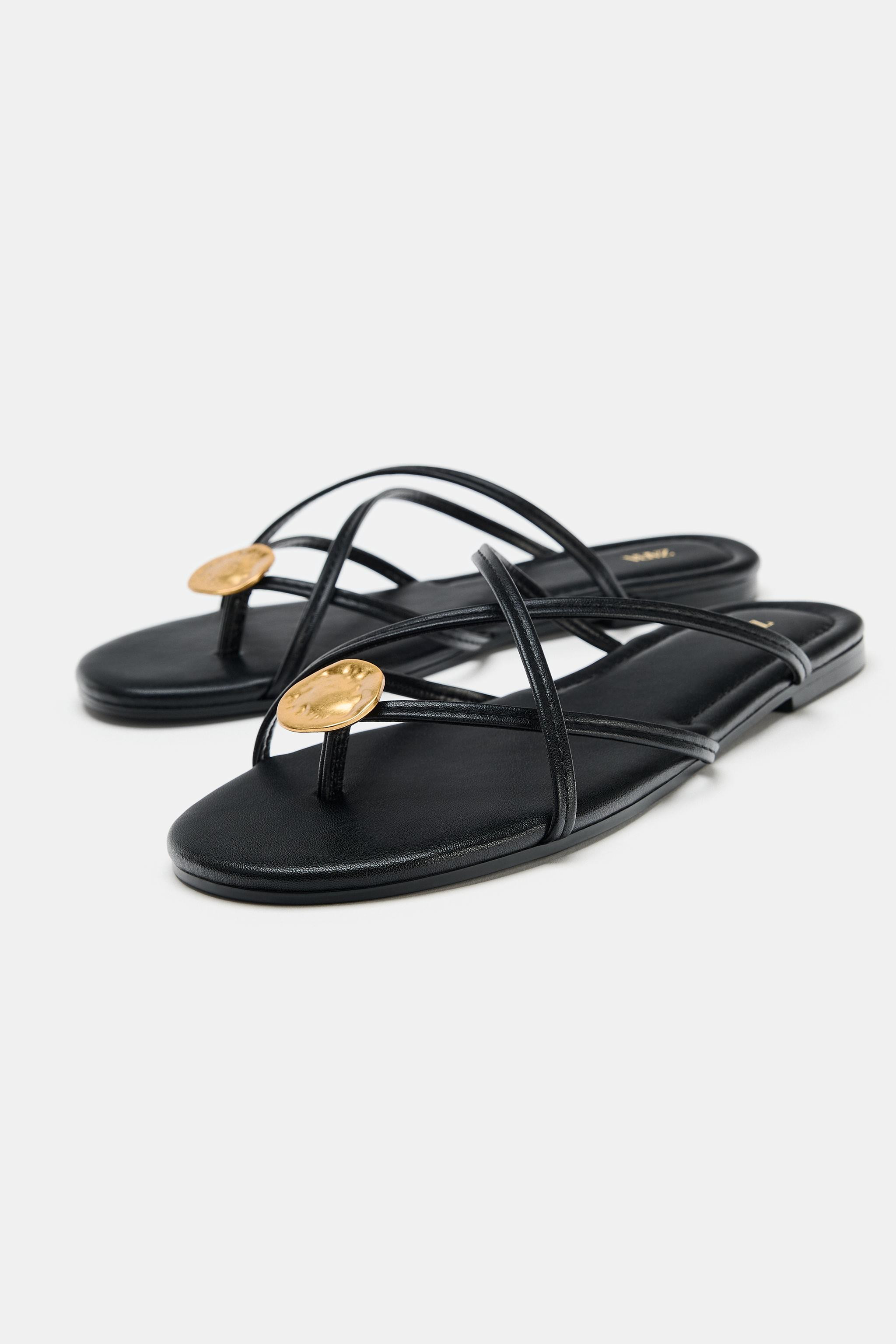 Flat sandals. Multi-strap design with topstitching detail on the front. Metal appliqu\u00e9 detai... | Zara UK