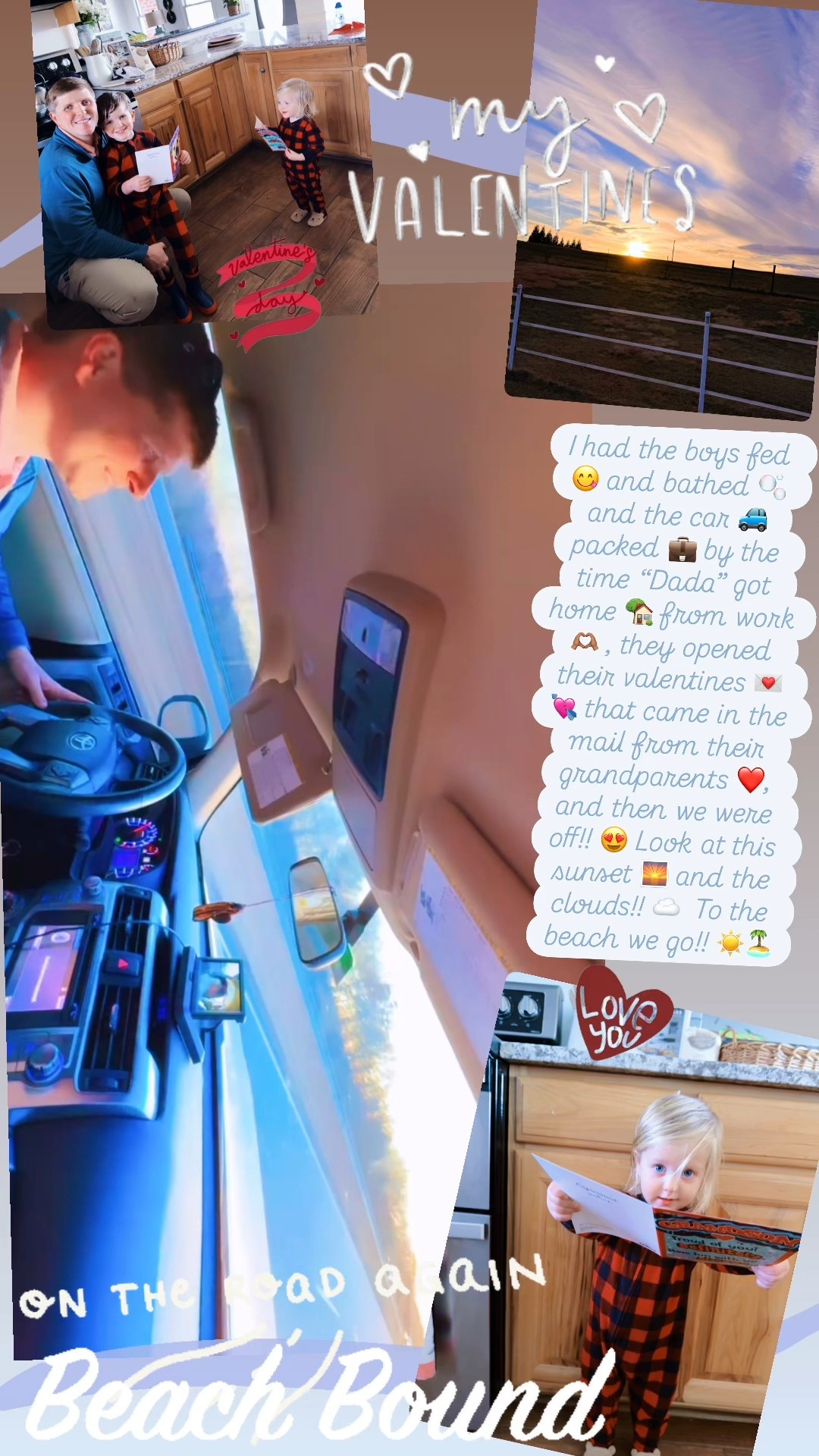 I had the boys fed 😋 and bathed 🫧 and the car 🚙 packed 💼 by the time “Dada” got home 🏡 from work 🫶🏽 , they opened their valentines 💌 💘 that came in the mail from their grandparents ❤️, and then we were off!! 😍 Look at this sunset 🌅 and the clouds!! ☁️  To the beach we go!! ☀️🏝️