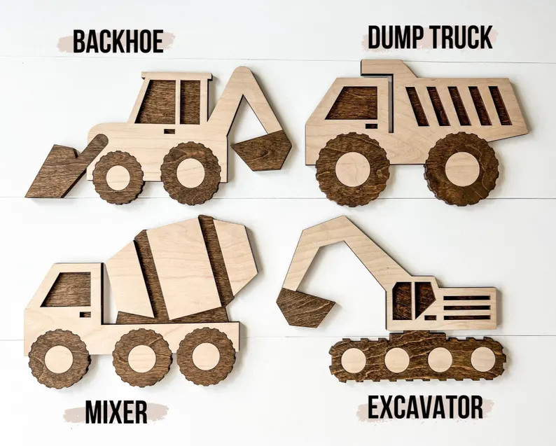 Wooden Construction Vehicles, Kids Truck Wall Hanging, Boys Room Decor, Digger Trucks - Etsy | Etsy (ES)