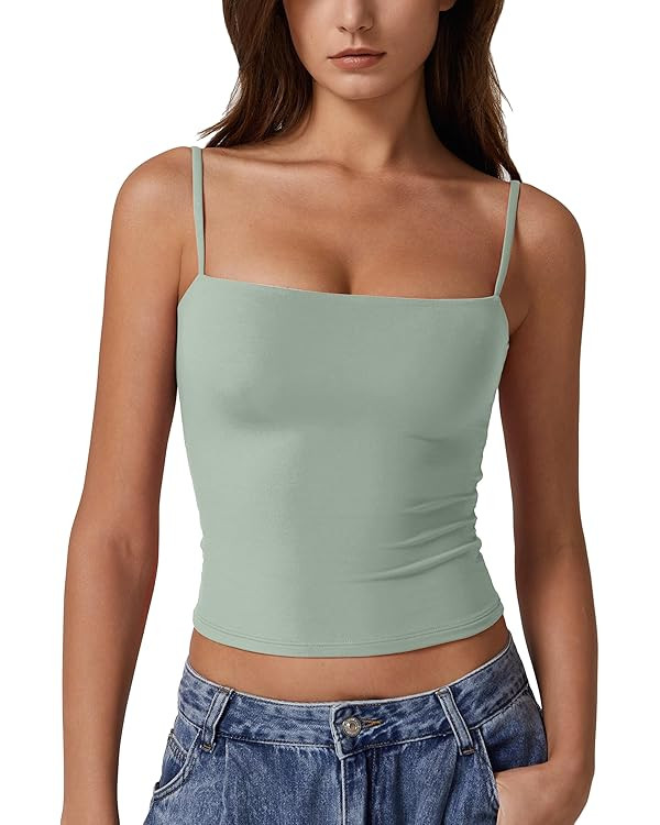 QINSEN Women's Double Lined Basic Tank Top Adjustable Spaghetti Straps Sleeveless Camisole Shirts | Amazon (US)