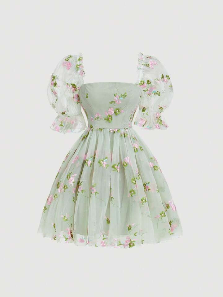 SHEIN MOD Puff Sleeve Floral Embroidery Mesh Overlay Dress | SHEIN