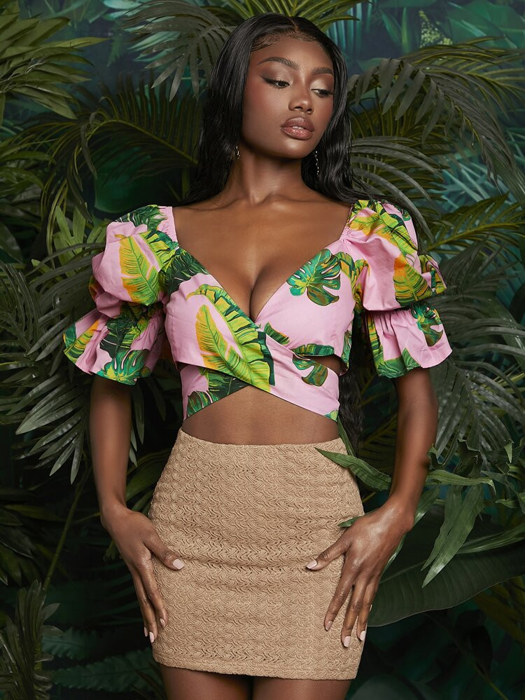 SHEIN NEWNESS Tropical Print Puff Sleeve Tie Back Crop Top | SHEIN