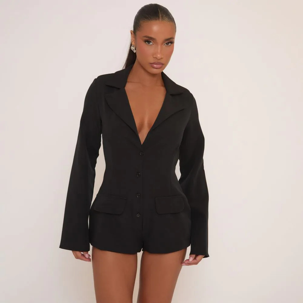 Long Sleeve Button Front Tailored Playsuit In Black | EGO (UK)