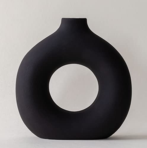 Large Black Vase for Home Decor, Black Ceramic Vase, Black Circle Vase, Clay Vase Black, Big Vase, Black Vases for Centerpieces, Large Vases for Decor, Black Bedroom Decor, 9" Tall | Amazon (US)