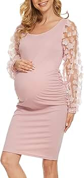 Floral Mesh Bishop Sleeve Side Ruched Maternity Dress/Elegant Bodycon Pencil Midi Dress Baby Show... | Amazon (US)