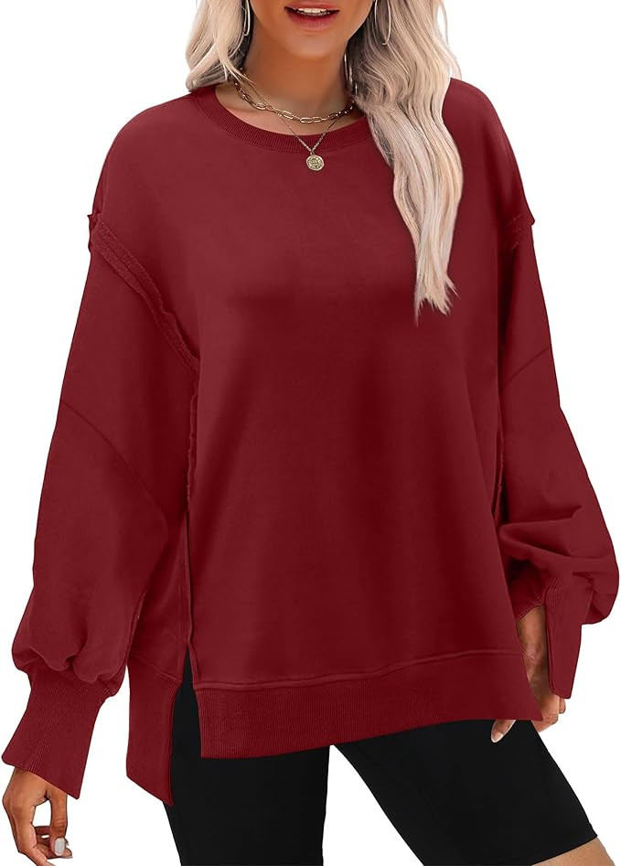 XIEERDUO Womens Oversized Sweatshirt Crewneck Sweatshirts Long Sleeve Tops Casual Side Split | Amazon (US)