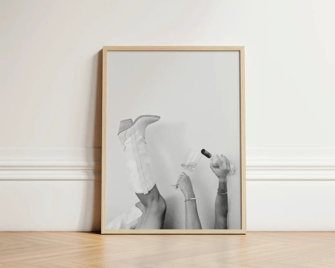 Cowgirl Boots + Rosé Digital Art Print (Black & White), Country Western Aesthetic Fashion Photog... | Etsy (US)